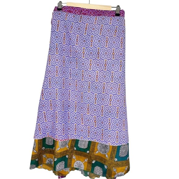 Retro Floral Wrap Midi Skirt L Pink Colorful Boho Hippie Indie Folk Patchwork - Picture 6 of 11